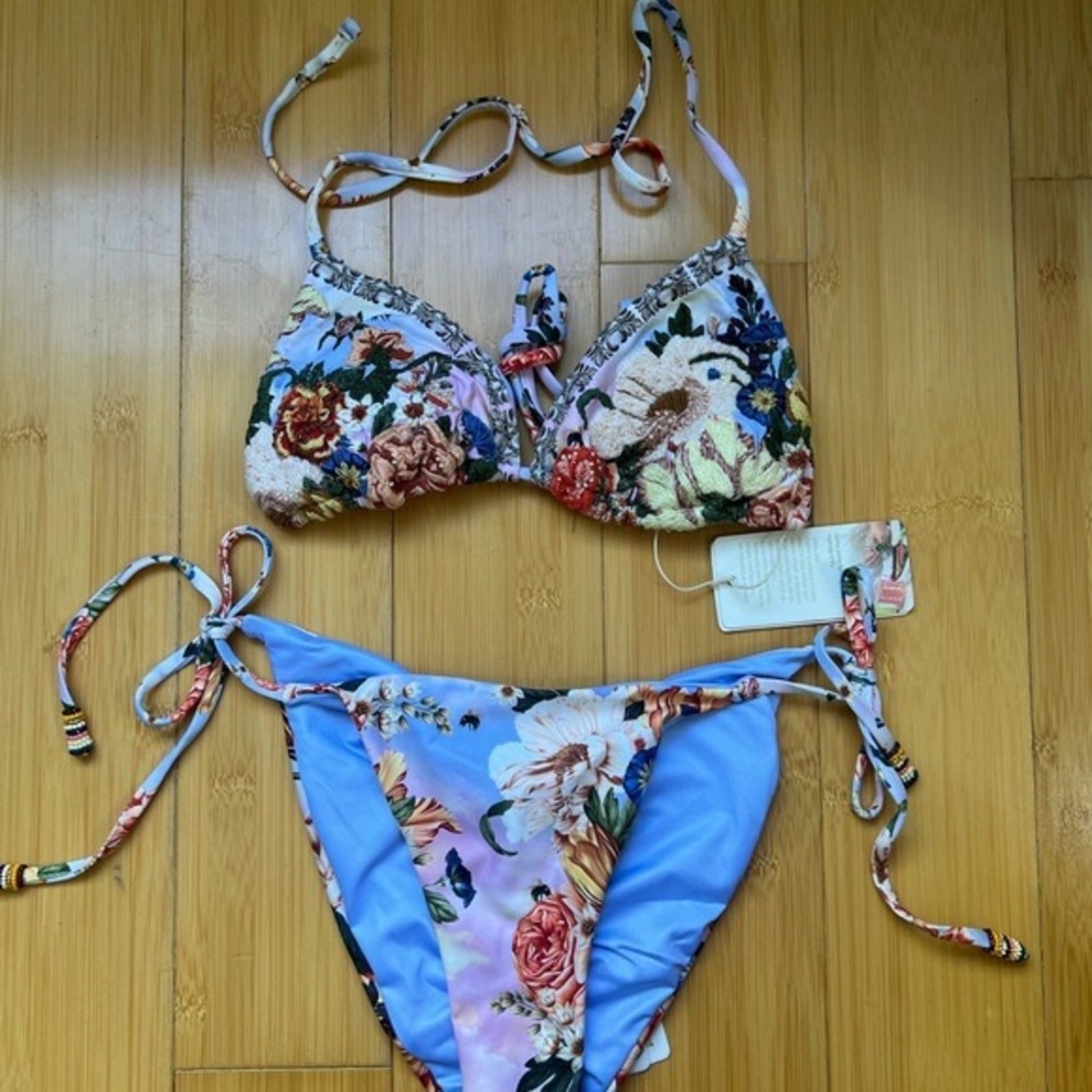Floral Bikini Set with Blue Accents